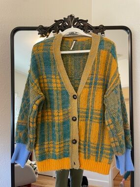 Free People Plaid V-Neck Cardigan Sweater - Mustard & Teal